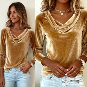 Velvet Whisper Cowl Neck Top - Gold